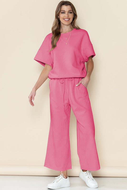 Strawberry Pink Textured Loose Fit T Shirt and Drawstring Pants Set