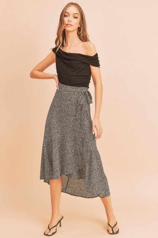 Cara Wrap-Style Midi Skirt with Tie Waist