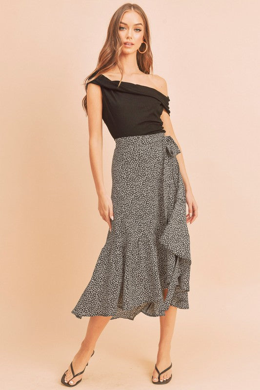 Cara Wrap-Style Midi Skirt with Tie Waist