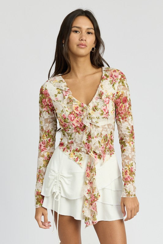 Floral Print Blouse with Ruffe Detail