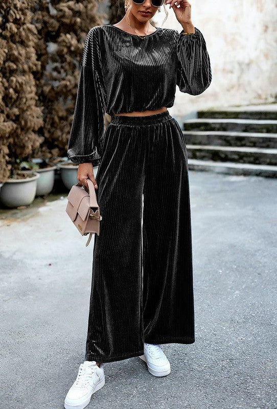 Ribbed Velvet Two-Piece Pant Set