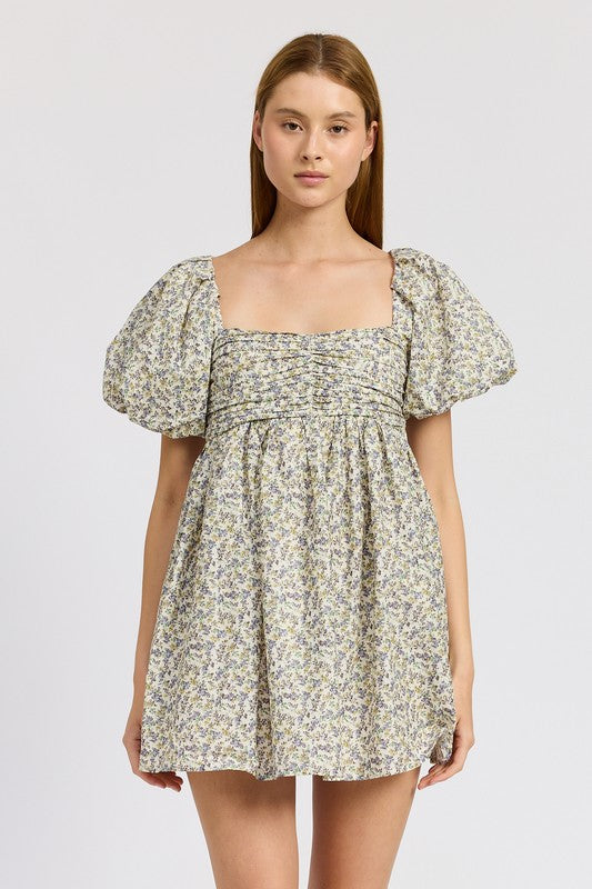Elegant Puff-Sleeve Ruched Mini Dress