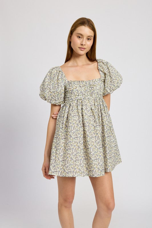 Elegant Puff-Sleeve Ruched Mini Dress