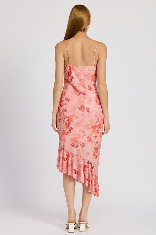 Floral Asymmetrical Dress with Elegant Ruffle Accents