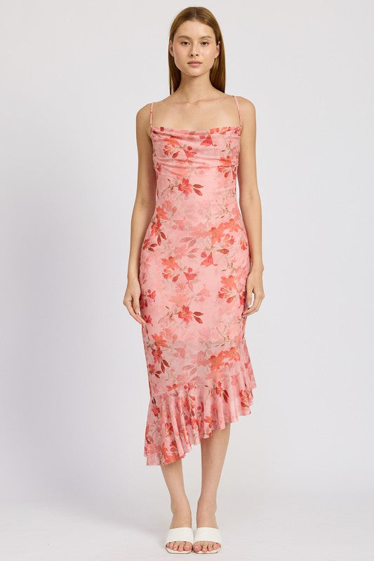 Floral Asymmetrical Dress with Elegant Ruffle Accents