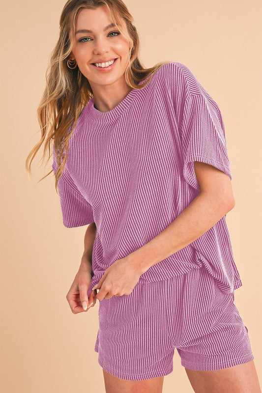 Ribbed Textured Knit Loose Fit Tee and Shorts Set