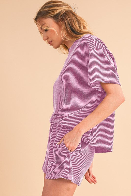 Ribbed Textured Knit Loose Fit Tee and Shorts Set