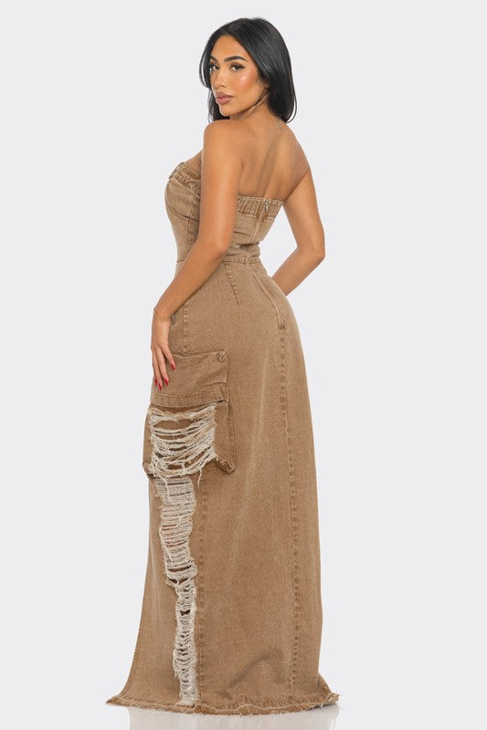 Vintage Washed Distressed Cargo Maxi Dress