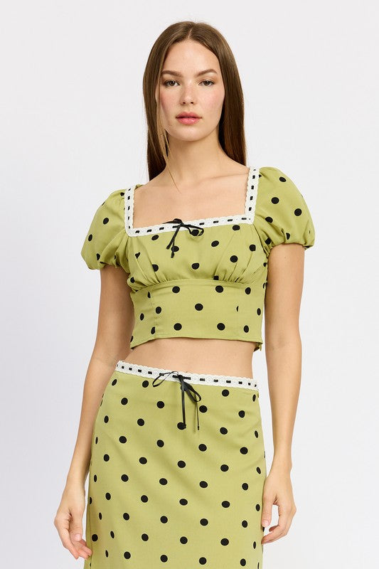 Lace-Trimmed Polka Dot Top