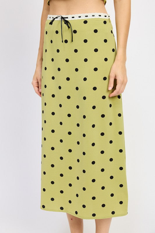 Lace-Trimmed Polka Dot Midi Skirt