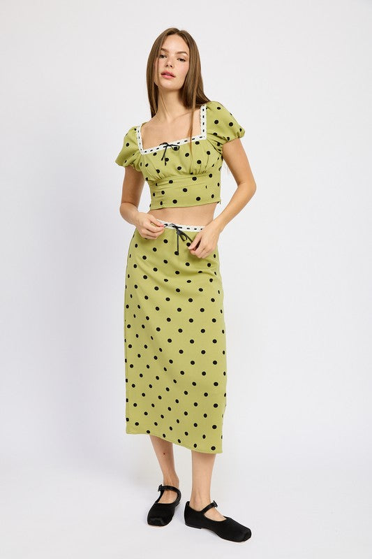 Lace-Trimmed Polka Dot Midi Skirt