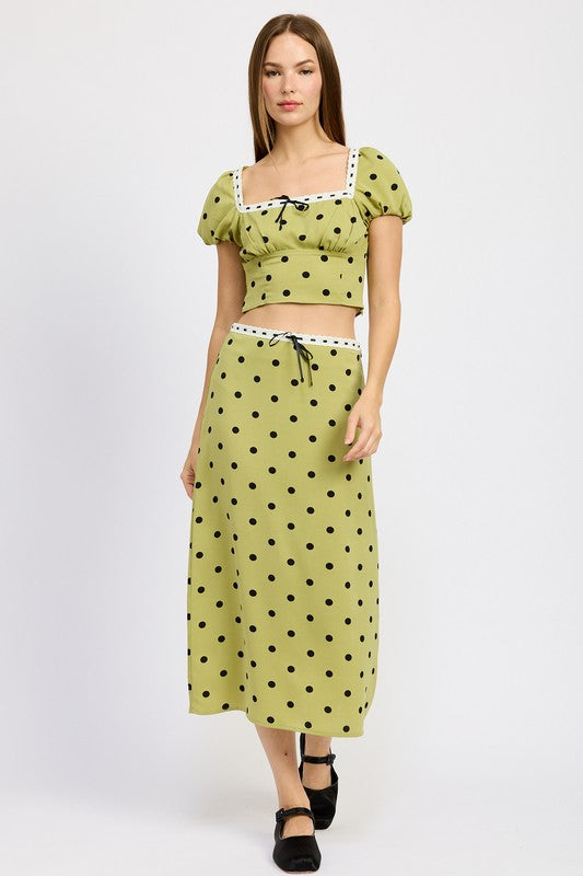 Lace-Trimmed Polka Dot Midi Skirt