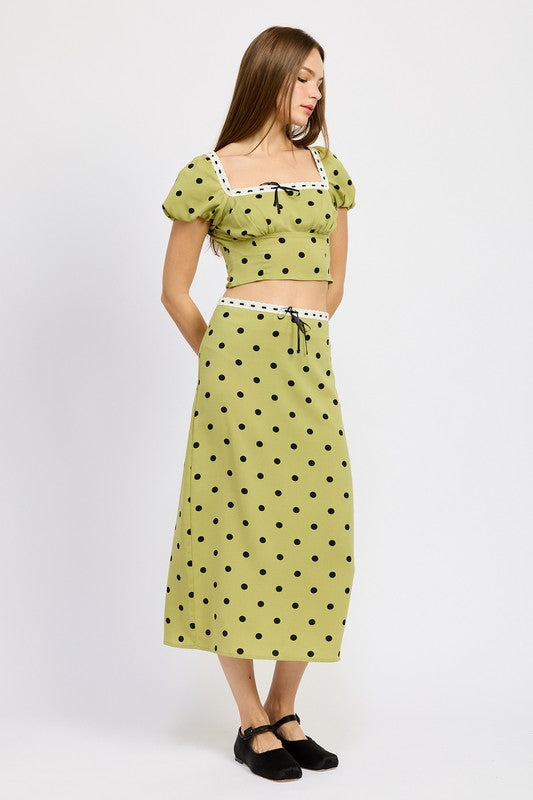 Lace-Trimmed Polka Dot Midi Skirt