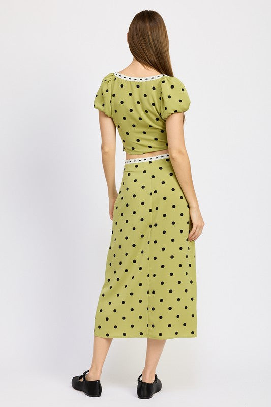 Lace-Trimmed Polka Dot Midi Skirt