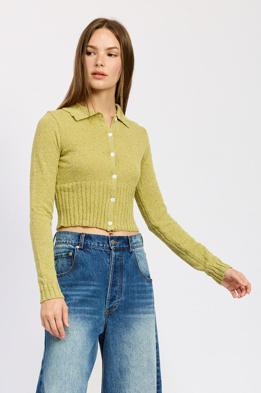 Long Sleeve Button-Up Ribbed Top