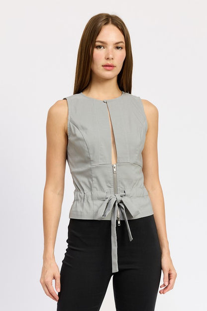Gray Cutout Tie-Front Sleeveless Top