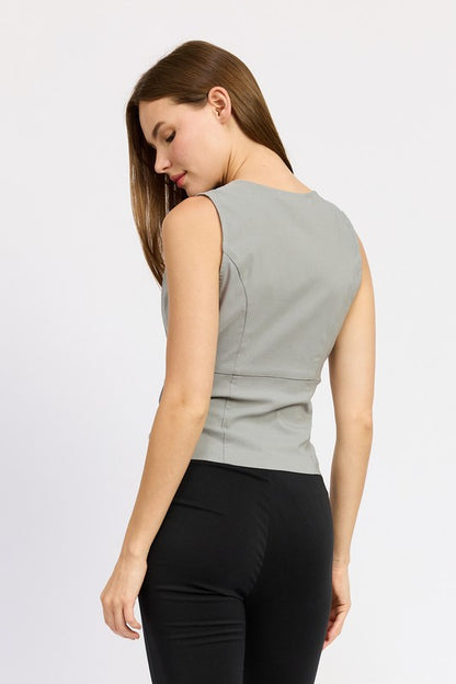 Gray Cutout Tie-Front Sleeveless Top