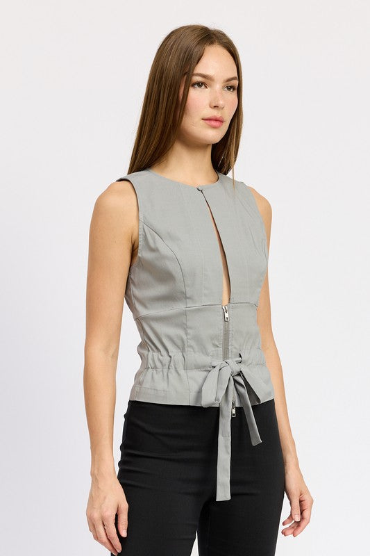 Gray Cutout Tie-Front Sleeveless Top