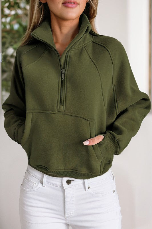 Stand Collar Ribbed Thumbhole Sleeve Sweatshirt