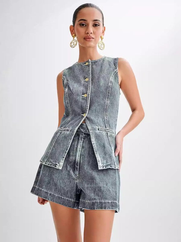 Demure Denim Two-Piece Set