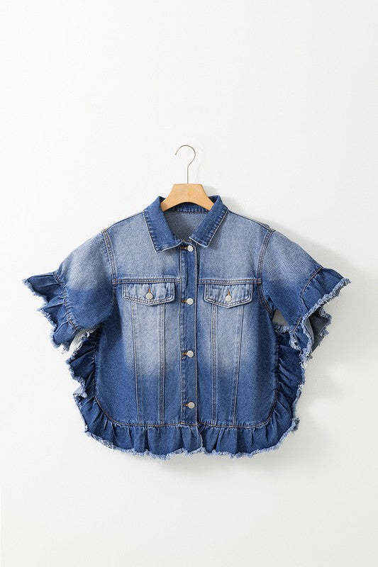 Women Raw Edge Ruffled Short Sleeve Denim Jacket