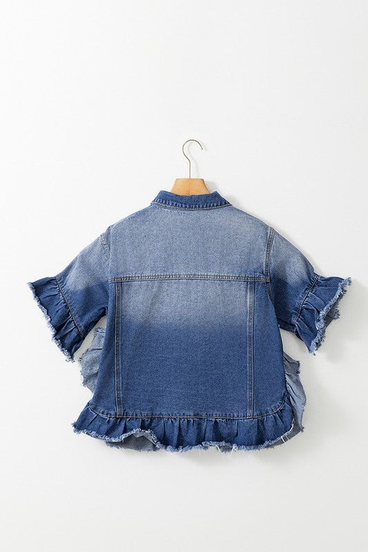 Women Raw Edge Ruffled Short Sleeve Denim Jacket