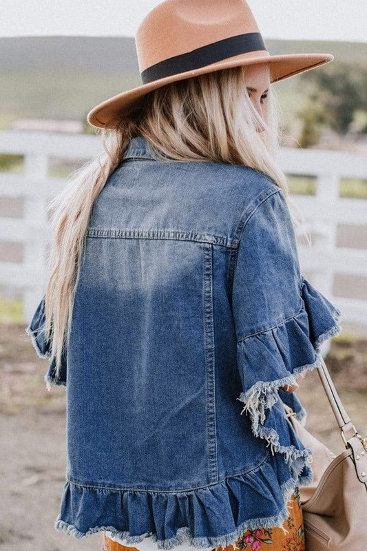 Women Raw Edge Ruffled Short Sleeve Denim Jacket