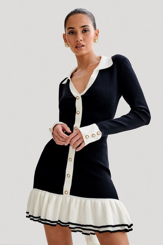 V-Neck Button-Down Ribbed Sweater Dress