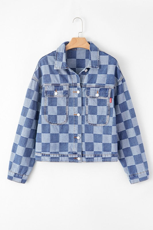 Checkered Patchwork Button Up Denim Jacket