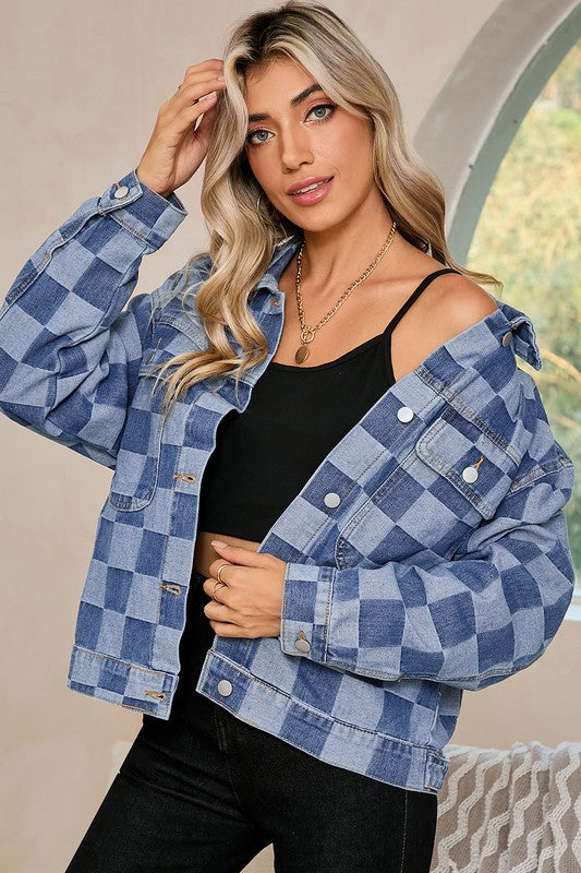 Checkered Patchwork Button Up Denim Jacket