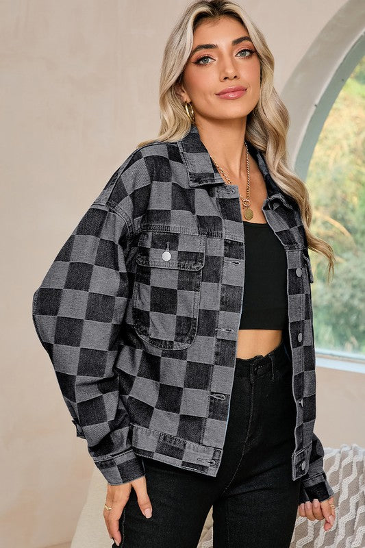 Checkered Patchwork Button Up Denim Jacket