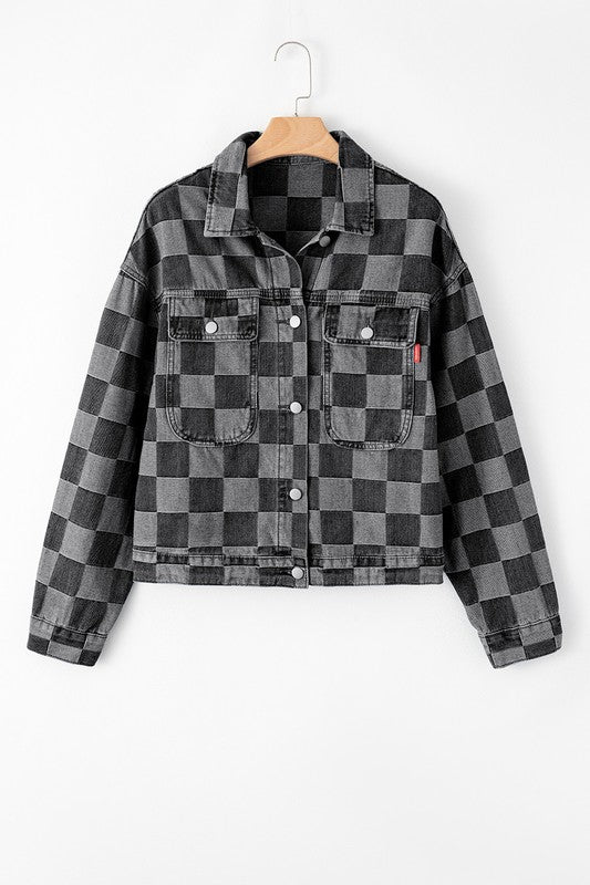 Checkered Patchwork Button Up Denim Jacket