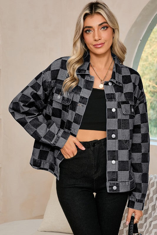 Checkered Patchwork Button Up Denim Jacket