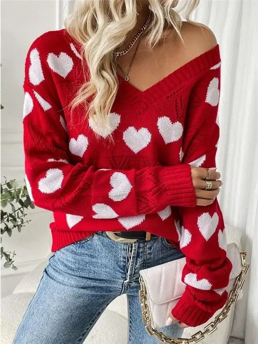 V-neck Heart Knit Sweater