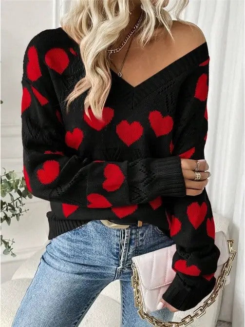 V-neck Heart Knit Sweater