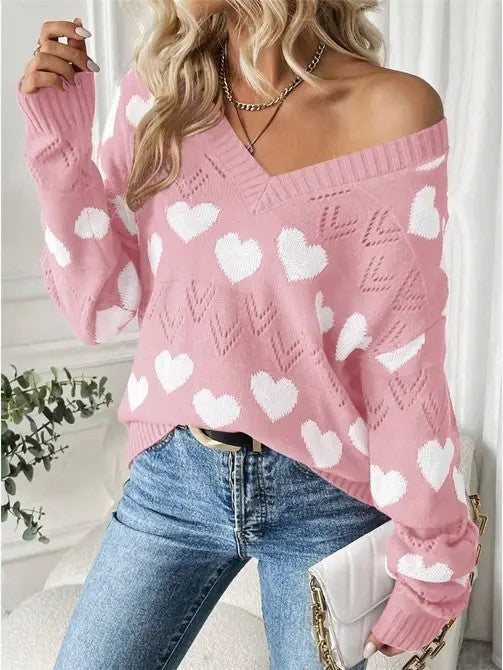 V-neck Heart Knit Sweater