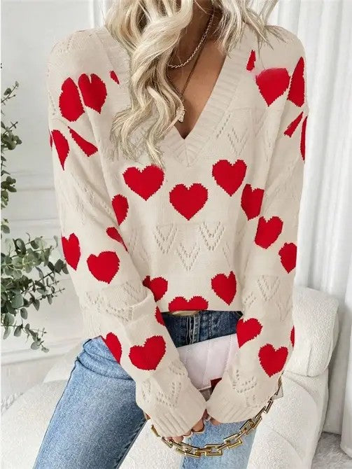 V-neck Heart Knit Sweater