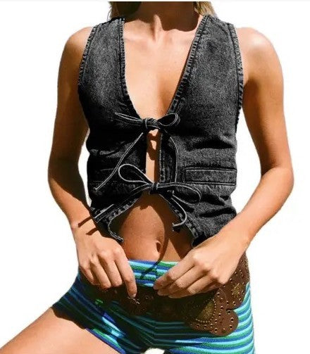 Denim Front Tie Vest