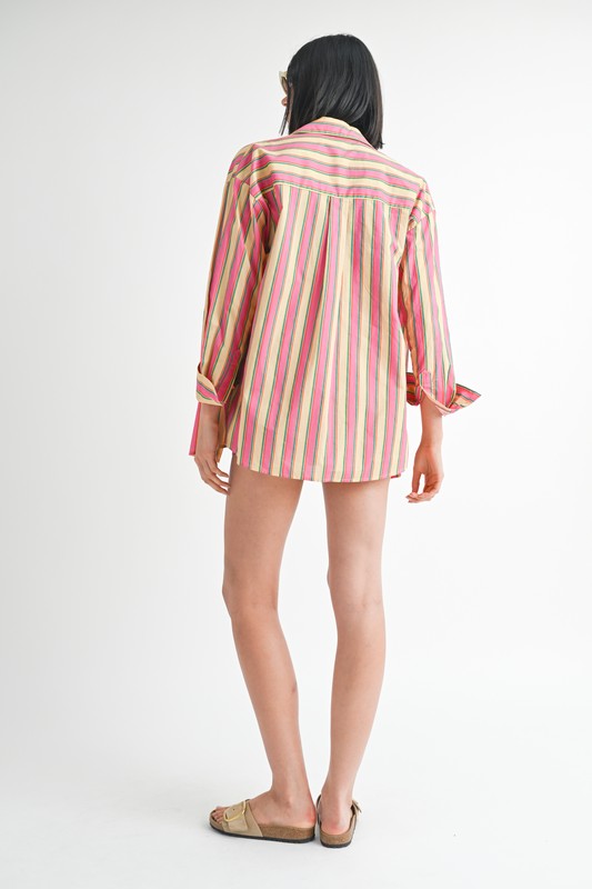 Oversized Button-Up Collared Stripe Shirt