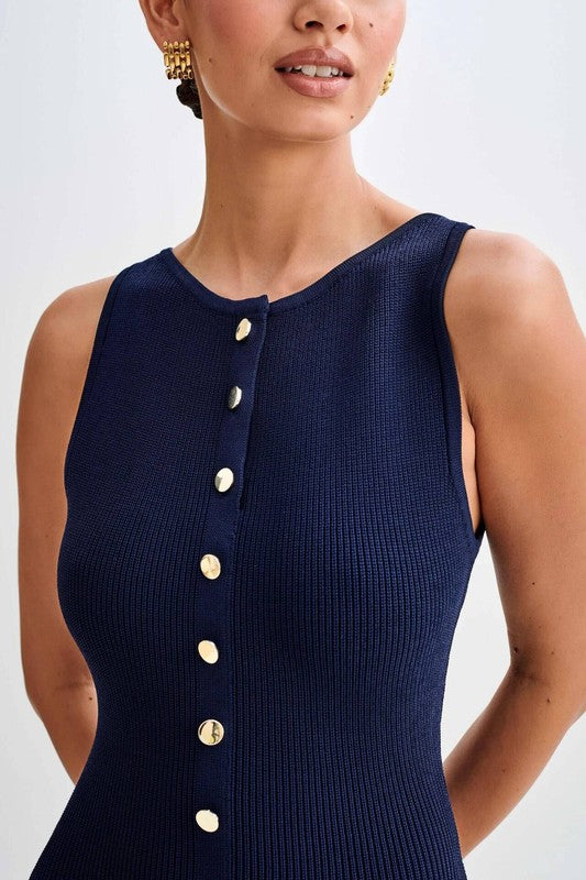 Navy Timeless Knit Button-Front Midi Dress