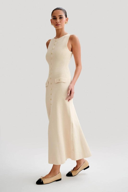 Cream Timeless Knit Button-Front Midi Dress