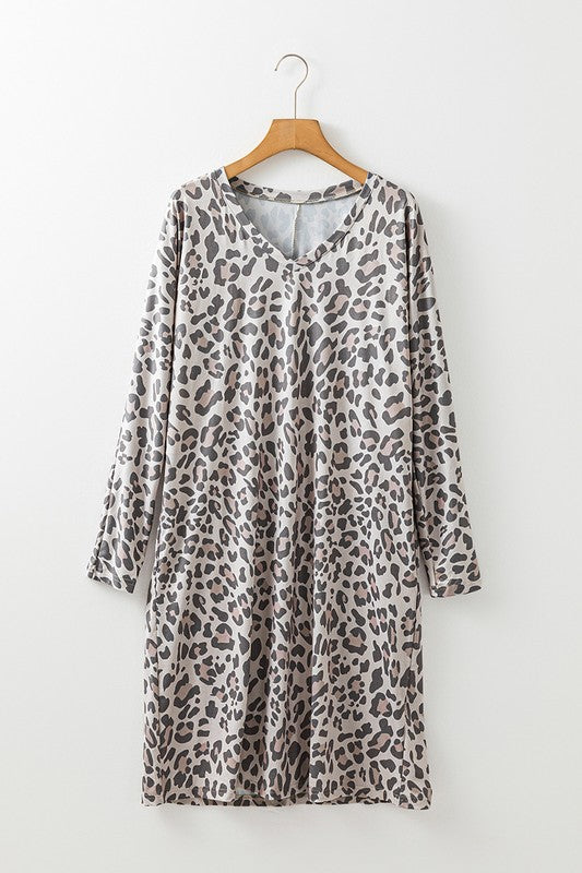 Gray Leopard Print V Neck Loose Fit Mini Dress