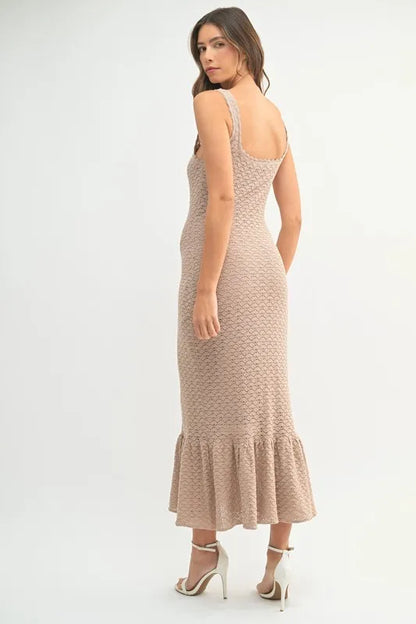 Back view of lightweight crochet knit midi dress in beige with soft stretch silhouette

