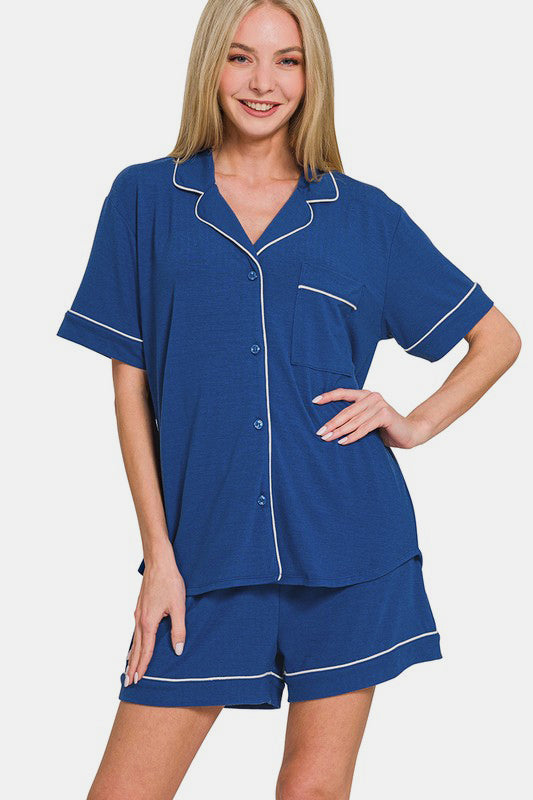 Comfy & Cozy Button Down Short Sleeve Top and Shorts Lounge Set