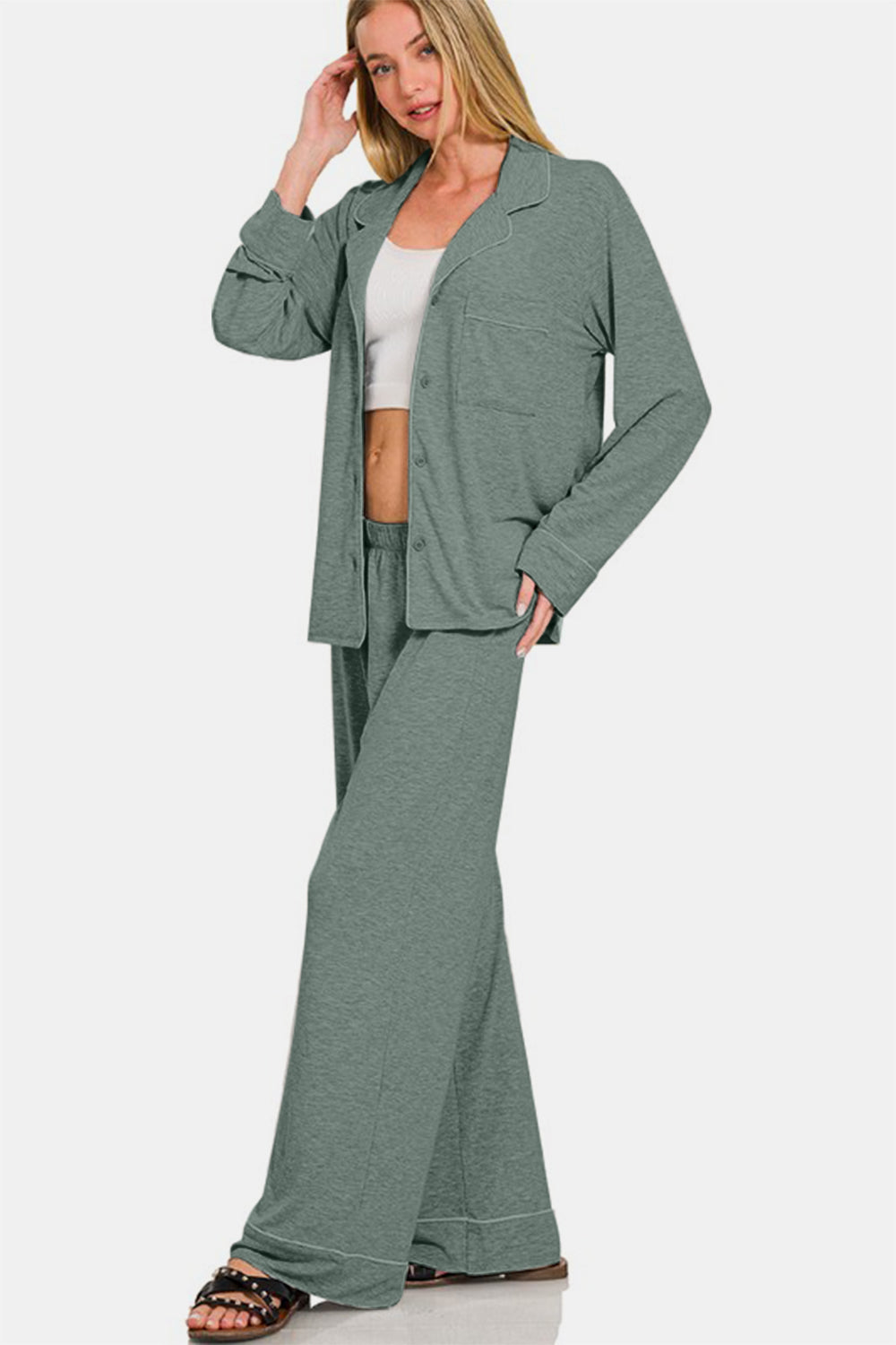 Comfy & Cozy Button Down Long Sleeve Top and Pants Lounge Set