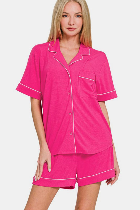 Comfy & Cozy Button Down Short Sleeve Top and Shorts Lounge Set