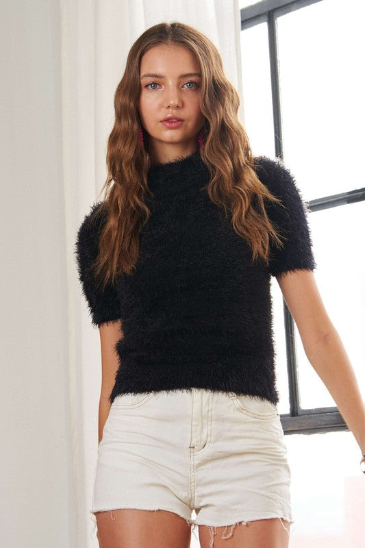 Fuzzy Mock Neck Short Sleeve Sweater