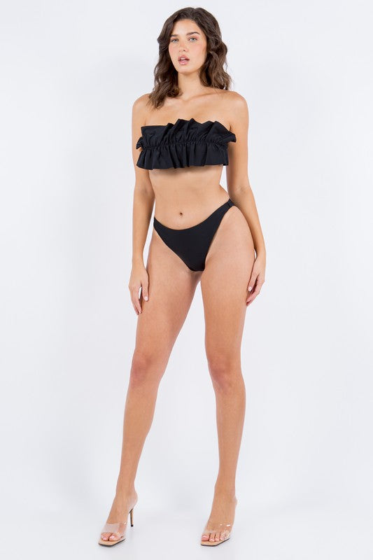 Two-Piece Tube Top with Ruched Ruffle Bikini