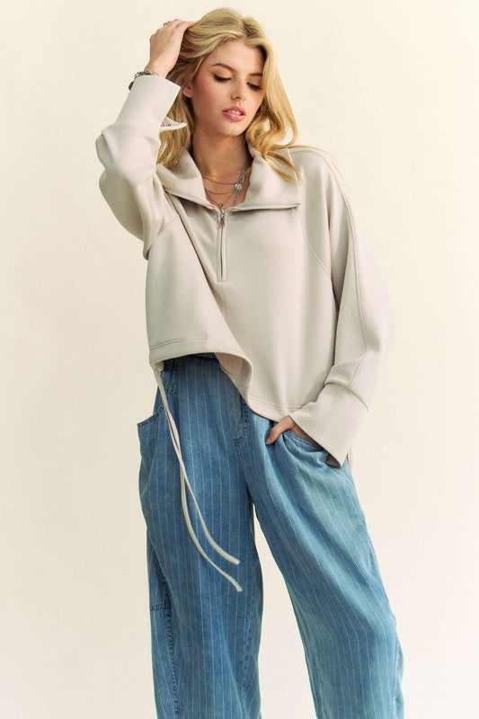 Drawstring Hem Half Zip Raglan Sleeve Sweatshirt