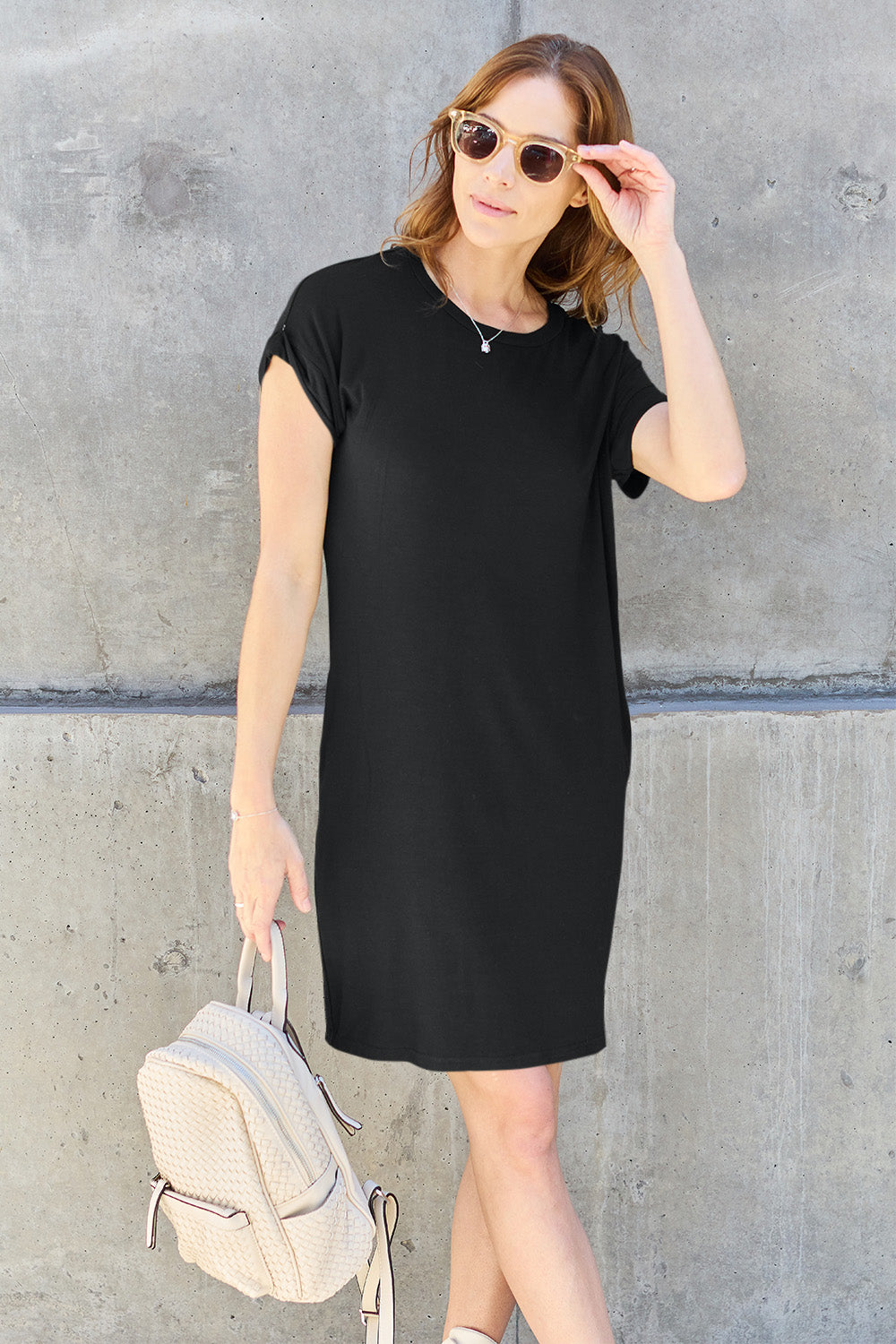 Basic Bae Round Neck Short Sleeve Dress with Pockets